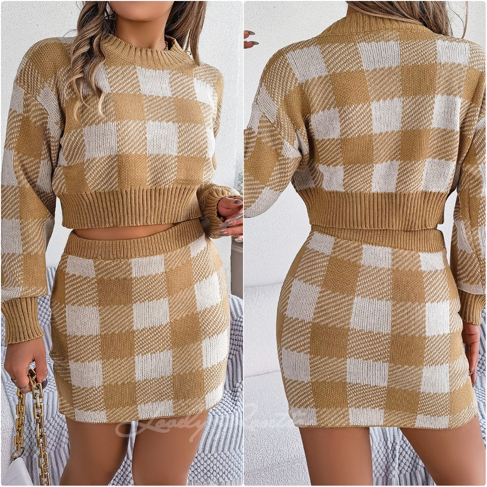 (Out Of Stock) Blue Plaid Top and Skirt Sweater Set - Picture 6 of 8